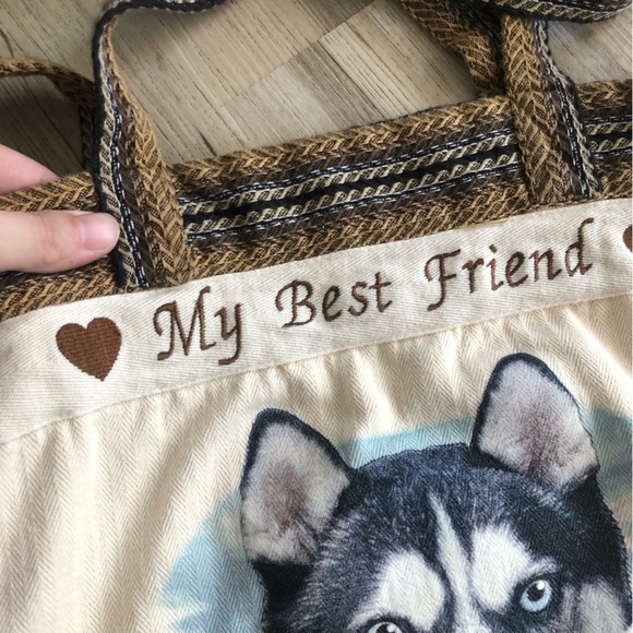 MY BEST FRIEND Husky Dog Lover's Tote Canvas Bag - Cream and Brown - Picture 4 of 9